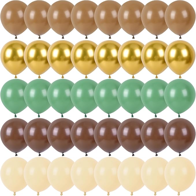 RUBFAC Sage Green and Brown Balloons, 65pcs Olive Green Dark Brown Coffee Nude Gold Metallic Party Balloons for Camo Army Hunting Birthday Jungle Safari Woodland Floral