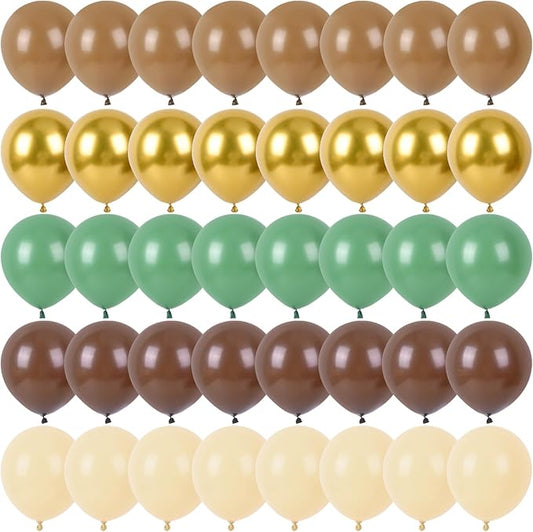 RUBFAC Sage Green and Brown Balloons, 65pcs Olive Green Dark Brown Coffee Nude Gold Metallic Party Balloons for Camo Army Hunting Birthday Jungle Safari Woodland Floral