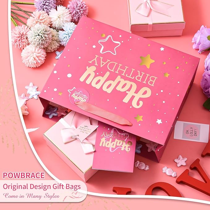 Powbrace 13" Pink Happy Birthday Gift Bag with Tissue Paper and Greeting Card for Party,Happy Birthday Gift Bag for Women Mother, Gift Bags Medium size(1 PCS Pink, Attach Mom Cards)