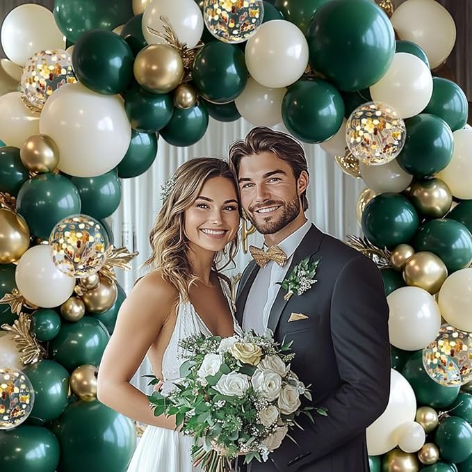 Emerald Green and Gold Balloons Arch Kit, Double Stuffed Dark Hunter Forest Green Pearl Sand White Metallic Gold Balloons for Wedding First Communion Birthday Graduation Party Decorations