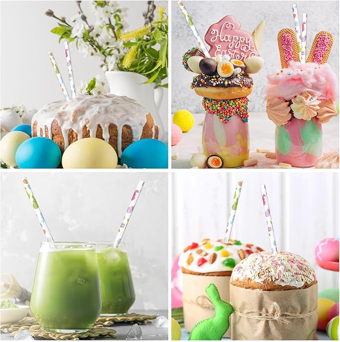 JarThenaAMCS 200Pcs Easter Paper Straws Easter Egg Bunny Drinking Straws Colorful Easter Party Disposable Straw for Holiday Birthday Party Supplies