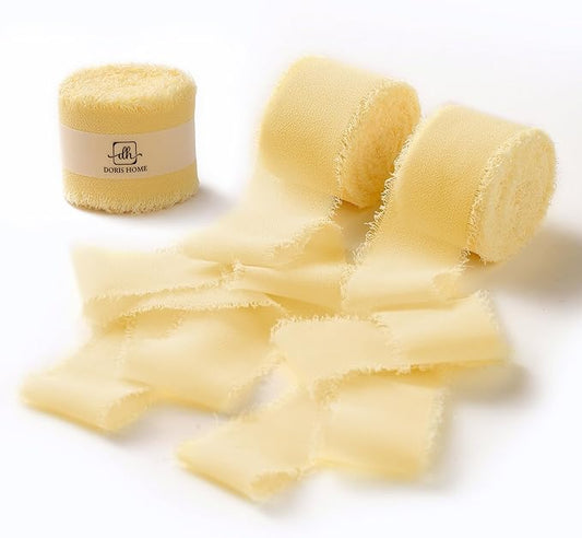 DORIS HOME Yellow Chiffon Ribbon for Flower Bouquet, 1" x21Yd Fabric Ribbon for Gift Wrapping, Handmade Frayed Ribbon for Wedding Invitations/Christmas Decorations