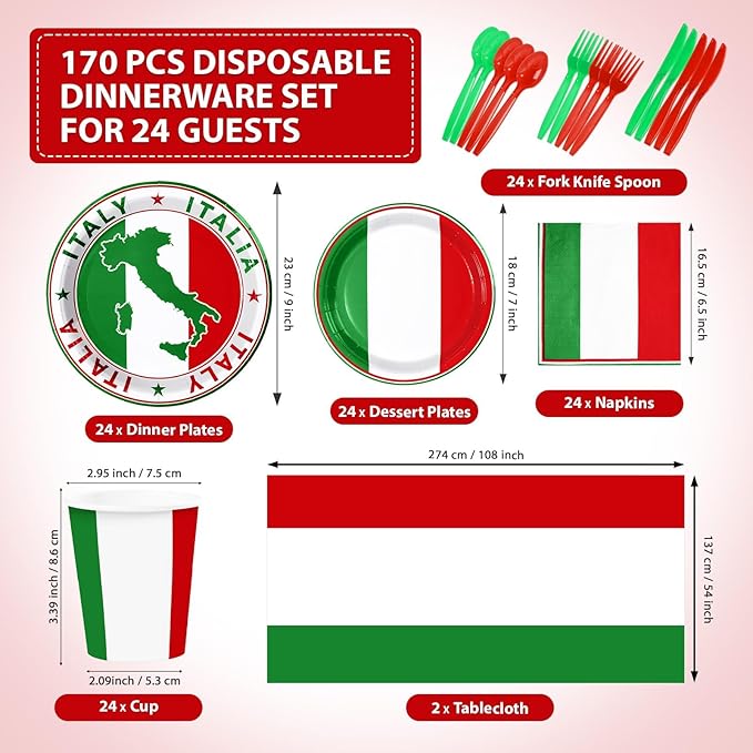 170Pcs Italian Flag Birthday Party Supplies Italy Flag Plates and Napkins Cups Forks Tablecloth Red White Green Tableware Set for Pizza Holiday Family Gathering Dinner Party Decorations Serves 24 ﻿