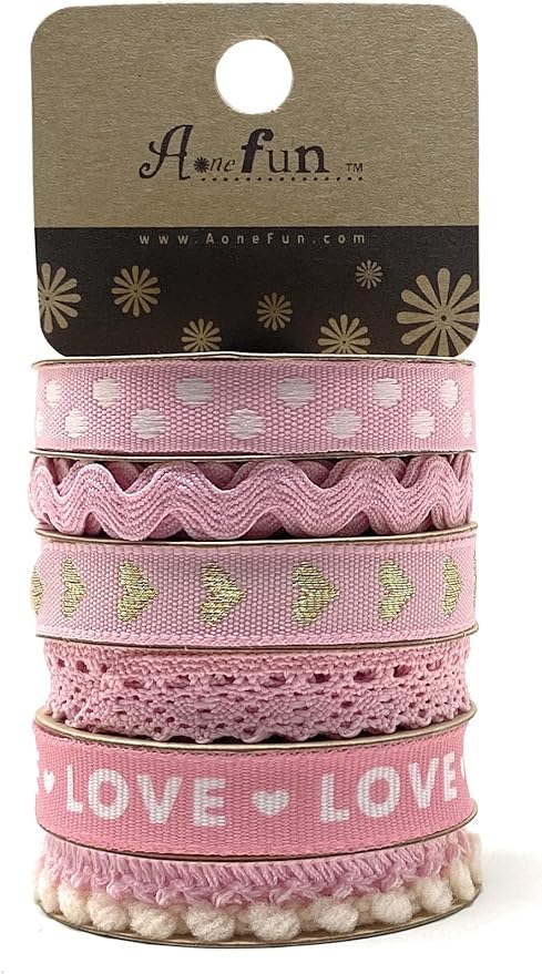 Pink Ribbon - Ribbons for Crafts Assorted Ribbon for Hair Cute Polka Dot Pom Pom Trim Pack Colorful RIC Rac Trim Set Cloth Thin Assortment Bundle Fabric Scraps for Crafts Fun Textured Variety Pack