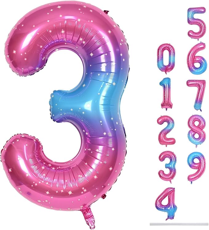 40 Inch Rainbow Large Numbers Balloons 3, Self Inflating Gradient Blue Pink Purple Digit 3 Helium Balloons for 3rd Girls, Starry Foil Mylar Number Balloons 0-9 for Women Birthday Party Decorations