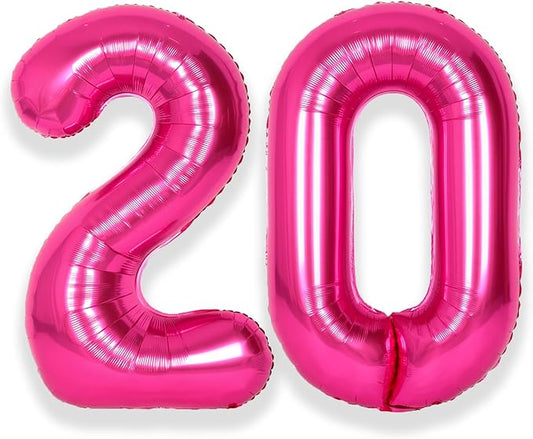 SUWEN 40 Inch Hot Pink Large 20 Number Balloons Big Foil Helium Number Balloons 0-9 Jumbo Happy 20th Mylar Birthday Party Decorations for Women Anniversary Party Supplies