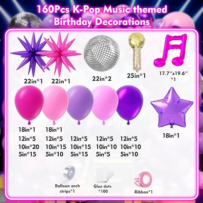 K-Pop Music themed Birthday Decorations 160Pcs, Hot Pink Metallic Purple Balloon Garland Arch Kit with Disco Notes Star Foil Balloons for Girls Fans Birthday Grad Prom Princess Party Decor