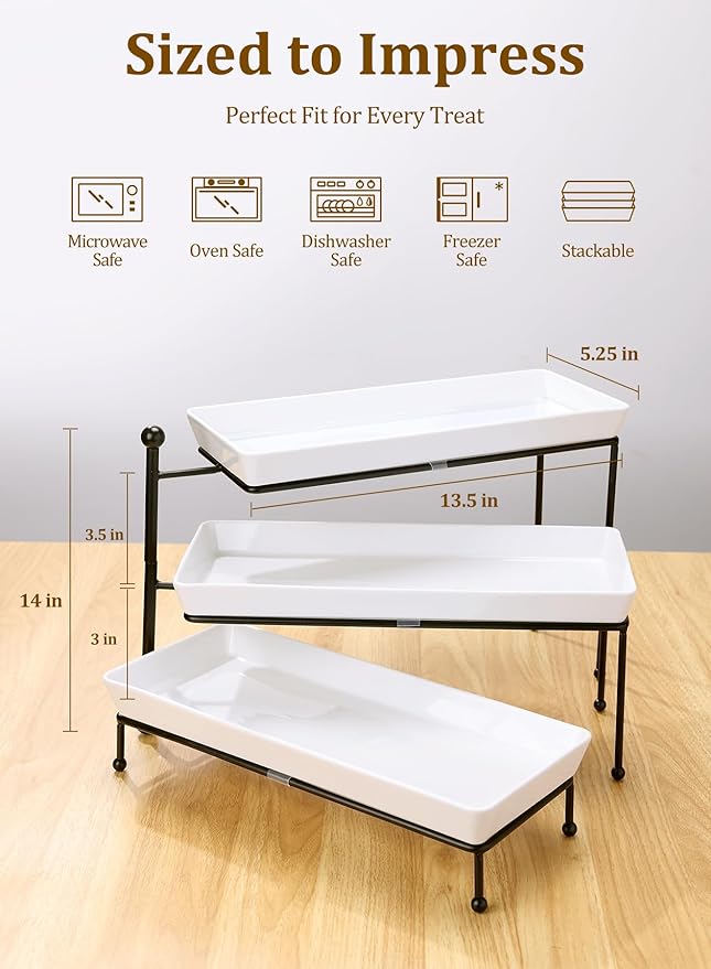 3 Tiered Serving Stand, Foldable Rectangular Food Display Stand with White Platters - Serving Trays, Dessert Display Server for Brithday Party, Valentine's Day and Events