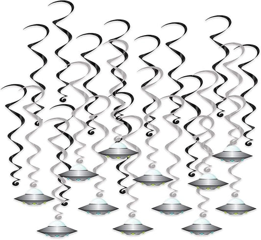 Beistle Flying Saucer Whirls – 24 Pack, Black & Silver Hanging Swirl Decorations with UFO Cutouts, Space-Themed Ceiling Décor for Alien Parties, Sci-Fi Events & Cosmic Galaxy Celebrations, 17½"–25"