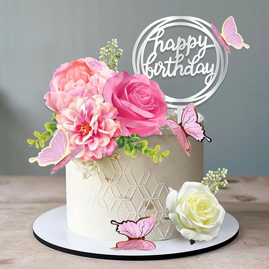 14 PCS Flower Cake Toppers Butterfly Cake Decorations Happy Birthday Cake Toppers with Artificial Pink Rose Flowers Eucalyptus Butterflies for Birthday Wedding Supplies (Pink)