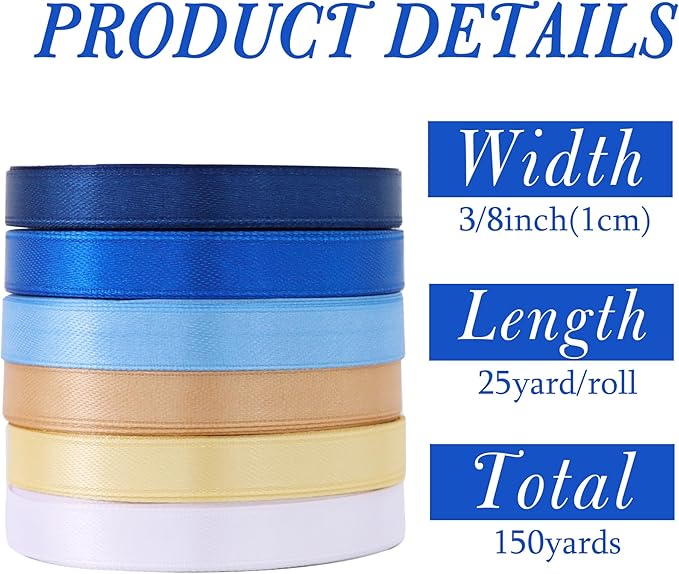 TONIFUL 6 Rolls Graduation Satin Ribbon 3/8 Inch Blue Gold White Ribbons for Gift Wrapping, Flower Bouquet, Bows, Treat Bags, Crafts, Graduation Leis, Birthday Baby Shower Party Decor(25 Yards/Roll