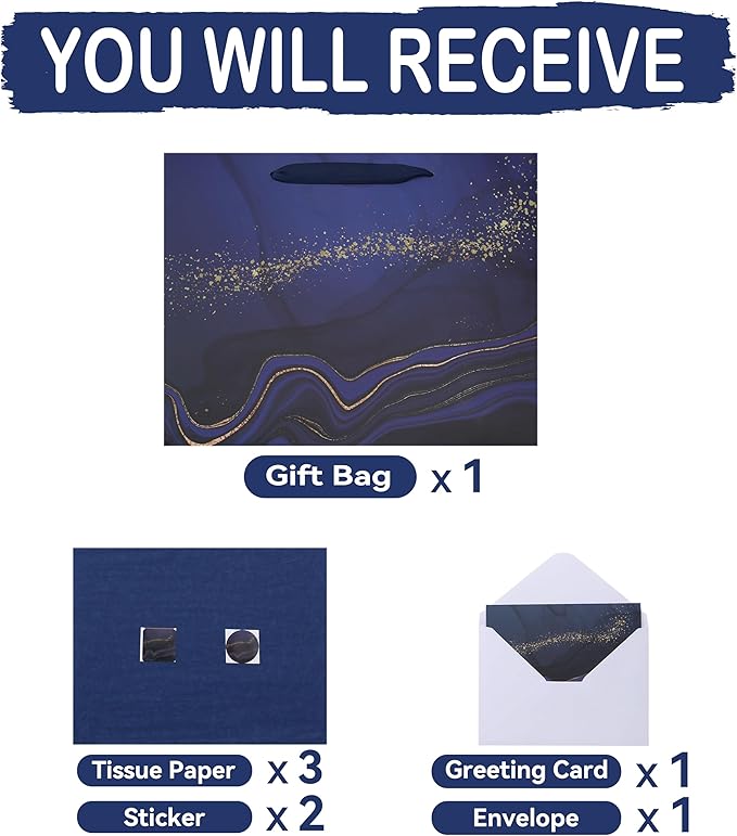 13'' Large Blue Marble Gift Bag Set with Handles, Greeting Card, Tissue Papers and Stickers for Men Boys Kids for Birthdays, Fathers Day, Graduations, Christmas, Baby Showers, Marble Design, 1 Pcs