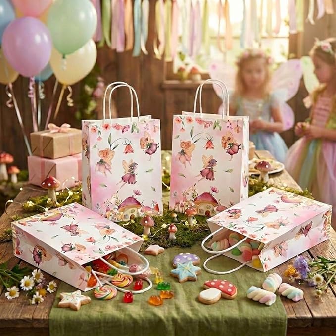 24 Pcs Fairy Party Favor Bags with Handles, Woodland Mushroom Goodie Gift Candy Treat Paper Bags for Kids Girls Baby Shower Birthday Party