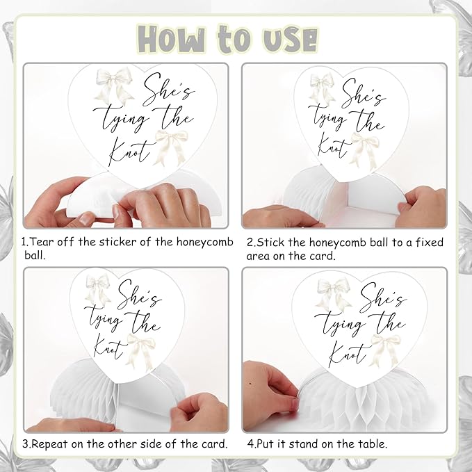 8Pcs White Bow Bachelorette Honeycomb Centerpieces, She's Tying The Knot Bridal Shower Decorations Bowknot Theme Table Toppers for Engagement Decor Supplies