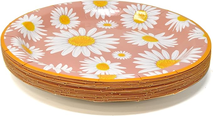 Gift Boutique Daisy Flower Party Supplies Tableware Set 9" 7" Paper Plates Cups Napkins Floral Summer Spring Groovy Birthday Disposable Dinnerware Serves 24