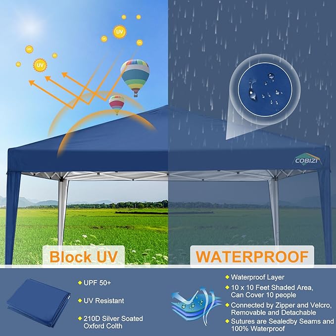 COBIZI 10x10 Pop Up Canopy Tent Without Sidewall, UPF 50+ Waterproof Outdoor Canopy, Instant Tent Portable Canopies Gazebo for Commercial Sun Shade Party Backyard with 4 Sandbags(Navy Blue)