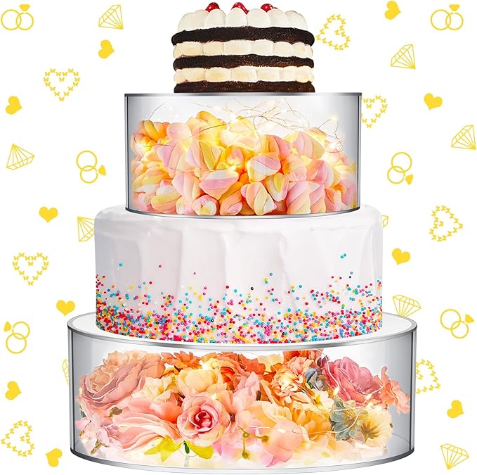 Sunnyray 2 Pcs Acrylic Cake Stands for Dessert Table Clear Fillable Cake Riser Cupcake Tier with LED Strings for Birthday Wedding Holiday Party Display(10'', 12'')