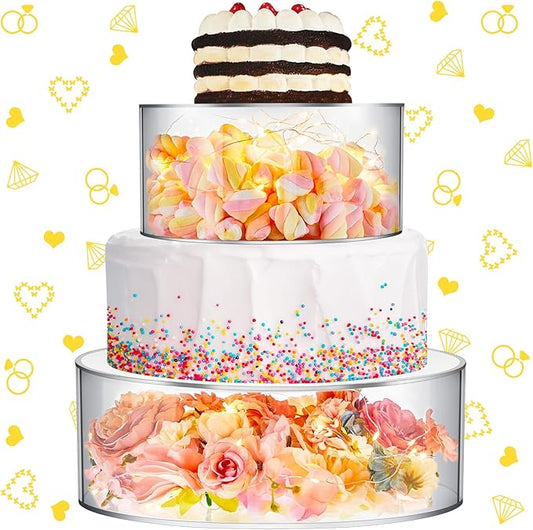 Sunnyray 2 Pcs Acrylic Cake Stands for Dessert Table Clear Fillable Cake Riser Cupcake Tier with LED Strings for Birthday Wedding Holiday Party Display(10'', 12'')