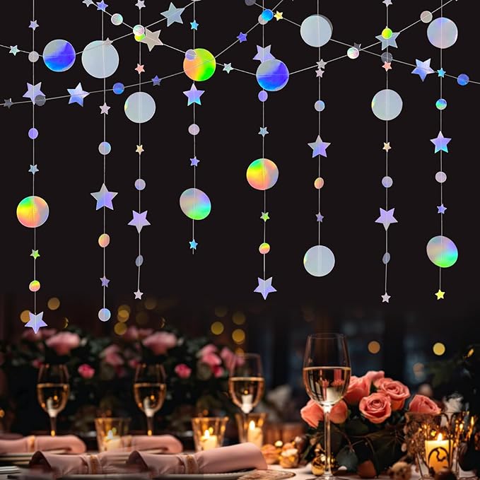 Valentine's Day Decoration Star and Circle Hanging Garland, 65 feet Party Decorations Stars Banner Streamer Backdrop for Birthday Baby Shower Starry Night Theme Party Supplies (Rainbow Silver)