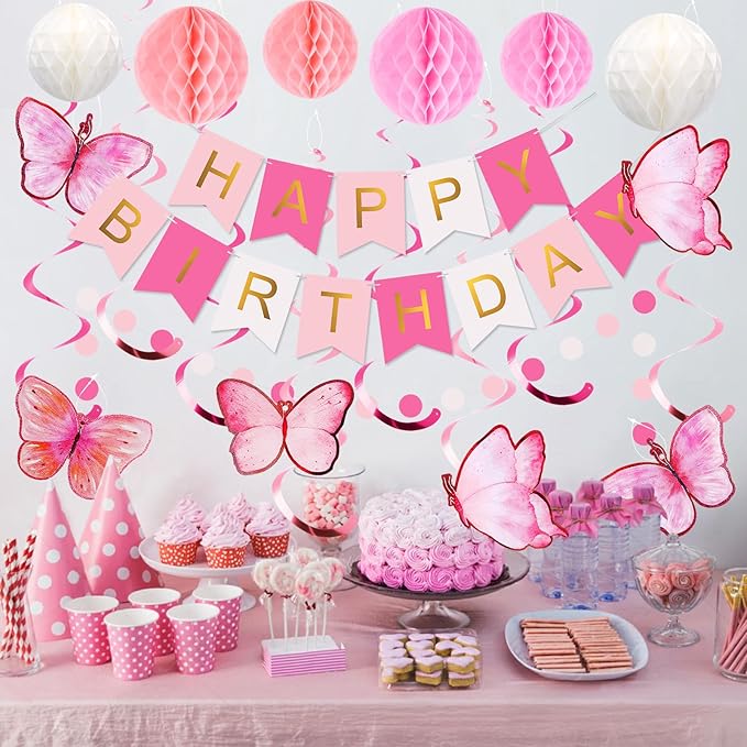 meowtastic Birthday Decorations, Happy Birthday Banner with Honeycomb Balls, Butterfly Hanging Swirl Streamers, Circle Dots Garland, Happy Birthday Party Decorations for Women Girls (Pink & White)