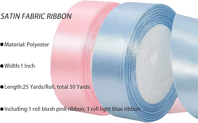 2 Rolls Light Blue Ribbon, 1 Inch x 50 Yards Satin Blush Pink Fabric Ribbon for Flower Bouquets, Gift Wrapping, DIY Crafts, Birthday Cakes, Holiday, Wedding Party and Mother’s Day Decorations