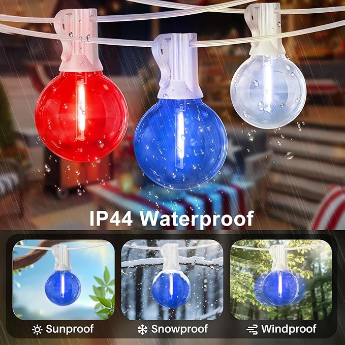 LAMPHOME 2-Pack 26Ft Outdoor Red White Blue String Lights, Patriotic Patio Light with 12+1 Edison Bulbs, LED Shatterproof String Lights for Outside Bistro Christmas Patio Party Decorations