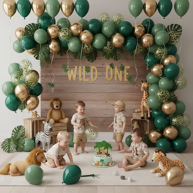 Sage Green and Gold Balloons, 12 Inch Emerald Forest Hunter Dark Green Metallic Gold Latex Balloon with Confetti Balloon for Wild One Jungle Birthday Graduation Safari Baby Shower Decorations Supplies