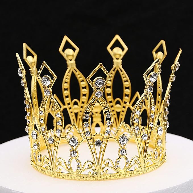 Crown Cake Topper Rhinestone Crystal Handmade Tiara Cake Decoration for Baby Shower Birthday Wedding Party Favors (Gold)