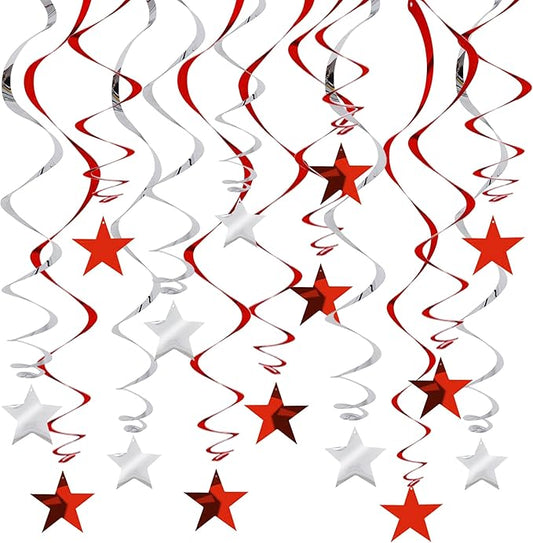 BEISHIDA Red Silver Stars Hanging Swirls Graduation Hanging Ornament Decorations for Birthday Party Weeding Congrats Grade 2026 Graduation Decorations,Pack of 15