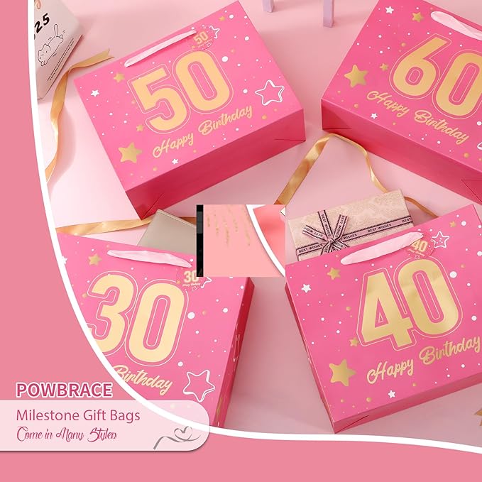Powbrace 13" Pink 30th Birthday Gift Bag with Tissue Paper and Greeting Card for Party,Happy Birthday Gift Bag for Men Women,Gift Bags Medium size(1 Pink 30th)