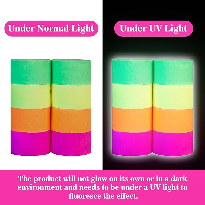 MAQIHAN 656feet Neon Streamers - 8 Rolls Black Light Reactive Fluorescent Crepe Paper Streamers, Neon Party Decorations Glow in The Dark Party Supplies for 80 90s Glow Parties Birthday Helloween Decor