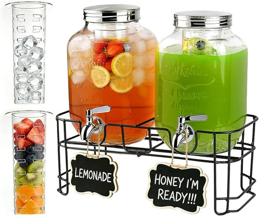 Glass Drink Dispenser 2 Pack with Stand - 1 Gallon Glass Beverage Dispenser for Parties, Juice, Water - Includes Spigot and Filter Separation and Chalkboard Labels