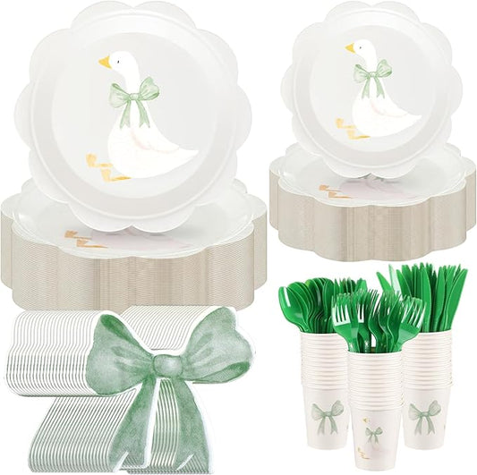 One Silly Goose Birthday Party Tableware Set for 25 Guest Disposable Plates Cups Bow Napkins Fork Knife Spoon Silly Goose Baby Shower Party Favors Birthday Decorations (175,Sage Green)