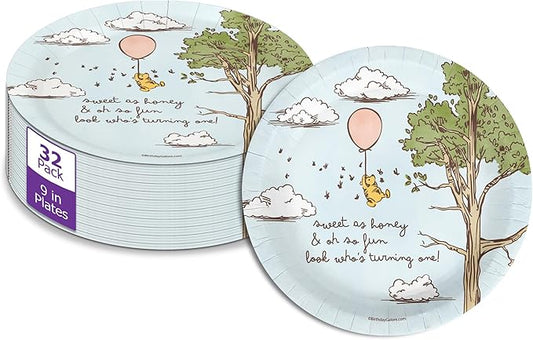 Pooh Bear First Birthday - 32 Piece Disposable Party Supplies - Decorations for Animal 1st Birthday Round Party Plates - Large 9" Paper Plates In Bulk