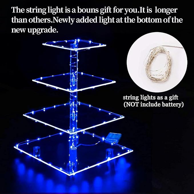 weddingwish Cupcake Stand, 4-Tier Square Acrylic Cupcake Display Stand with LED String Lights Dessert Tower Pastry Stand for Birthday or Wedding Party