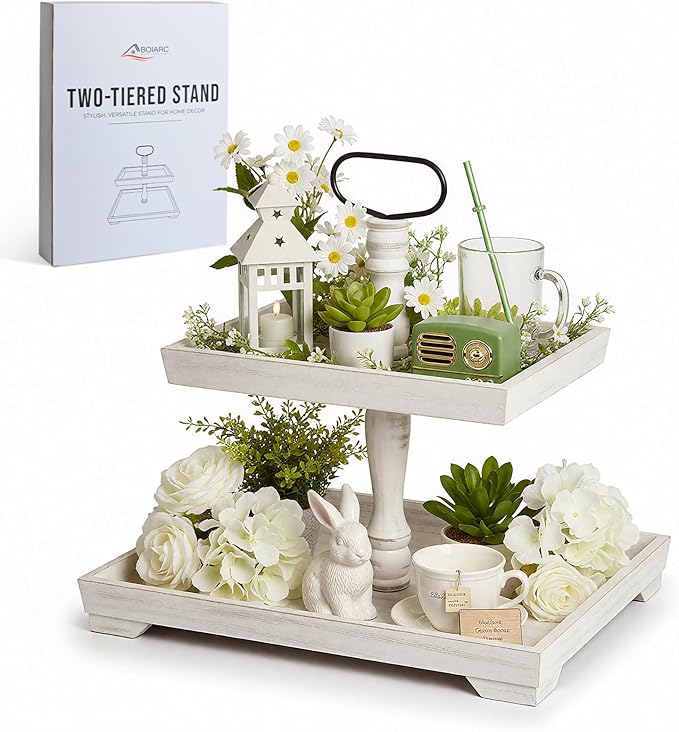 Rustic Wooden 2 Tiered Tray Stand, Farmhouse Tiered Serving Tray Decor, Rectangle Wood Display Stands for Food Fruits Cupcake and Seasonal Festive Decorations (White)