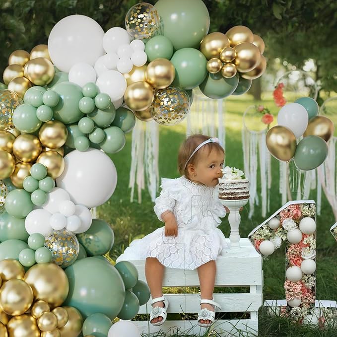 151pcs Sage Green Balloon Arch Kit Different Sizes 18 12 10 5 Inch Sage Green balloons White Gold Latex Balloons for Birthday Baby Shower Gender Reveal Wedding Engagement Party Decorations