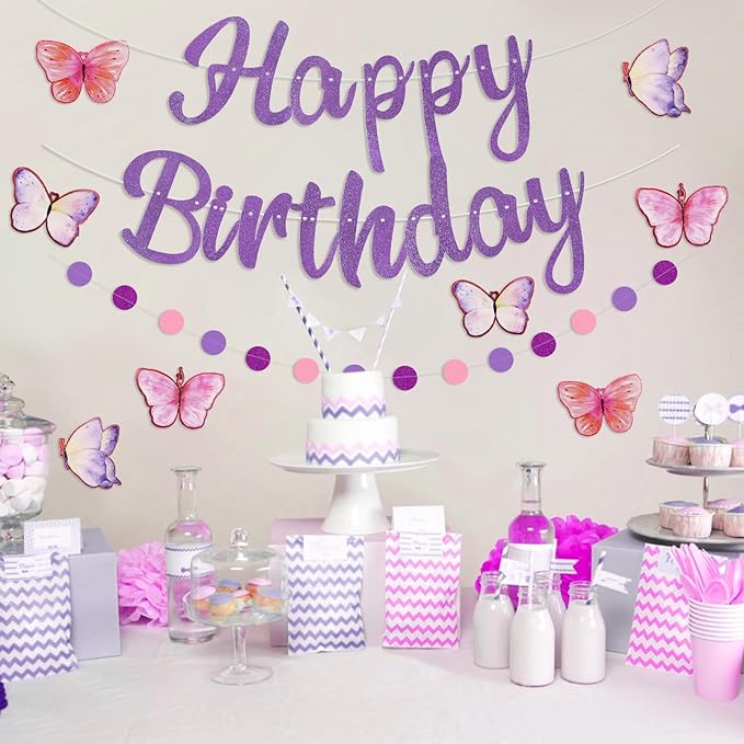 Pre-Strung Happy Birthday Banner, NO DIY Birthday Decorations with Circle Dot Garland and Butterflies, Happy Birthday Party Decorations for Women Girls (Purple)