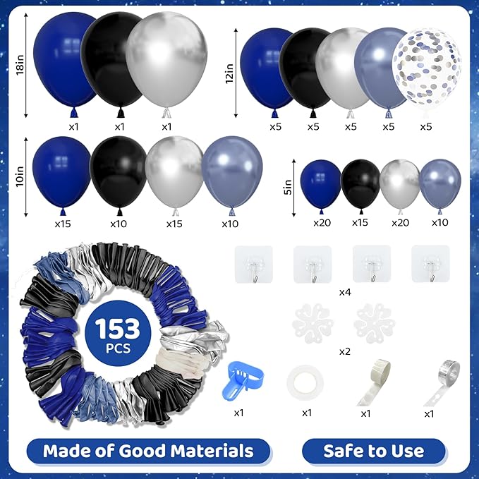 Amandir 153pcs Blue and Black Balloons Arch Garland Kit Different Sizes 18 12 10 5inch Metallic Silver Royal Dark Navy Blue Latex Confetti Graduation Balloon Birthday Space Retirement Party Supplies