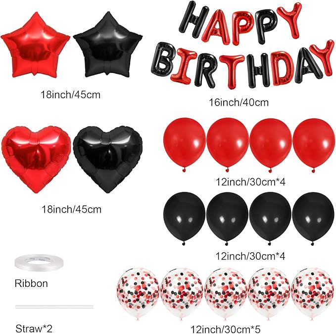 CANREVEL Happy Birthday Balloons Banner 16 Inch Mylar Foil Letters with Star & Heart Balloons Birthday Party Decorations for Men and Women - 30 Pcs Black Red