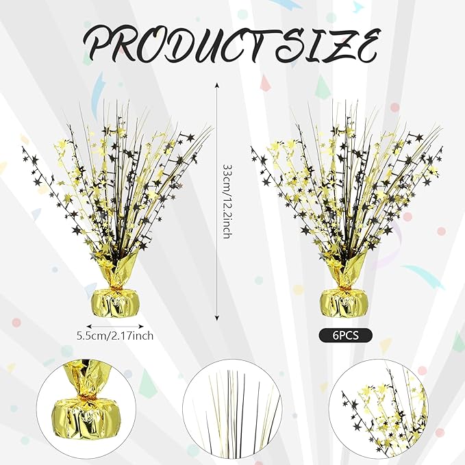 Crowye 6 Pcs Metallic Foil Spray Centerpiece Party Star Decoration Table Decor for Birthday Wedding Graduation Bachelorette Spring Party Holiday(Black Gold,Small Star)
