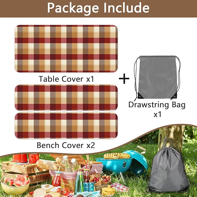 Checkered Style Picnic Table Cover with Bench Covers, Camping Essentials, Plaid Waterproof Windproof, Fitted Tablecloth Cover with Elastic Edge, for Indoor, Outdoor, 3 PCS, 30x96 Inch