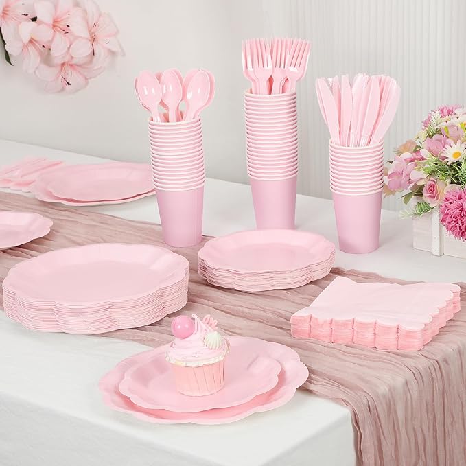 NatNarr 175 Pcs Pink Paper Plates and Napkins Set Include 9" Dinner Plates, 7" Dessert Plate Disposable Scalloped Tableware Serve 25 Guest for Wedding Baby Shower Bridal Shower Birthday