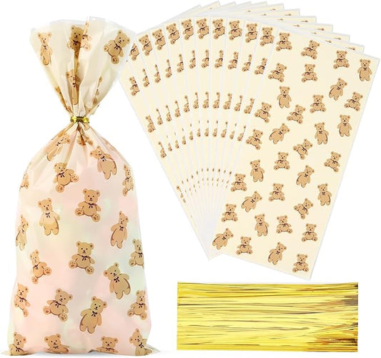 Docvania Bear Cellophane Treat Bags Plastic Gift Bag 100 pcs 5 X 11 Bear Cookie Bags with Ties Goodie Candy Bag Suitable for Mother's Day, Valentine's Day, and Holiday Parties