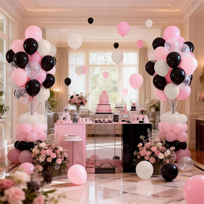 Black and Pink Balloons Set, Black White Clear Double Pearl White Pastel Pink Latex Balloons Set for Girl Women Bridal Baby Shower Wedding Valentines Sweet 16 Princess Birthday Party Decorations