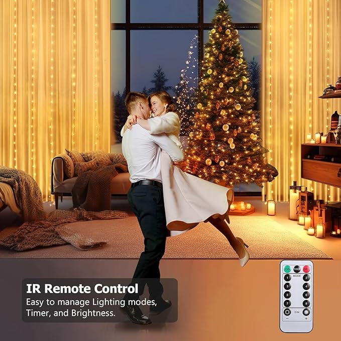 Curtain Lights 8ft x 6ft, 144 LED Twinkle Fairy String Lights Curtain with Remote & Timer, IP65 Waterproof, USB Powered for Indoor Outdoor Wall Bedroom Backdrop Christmas Decor - Warm White