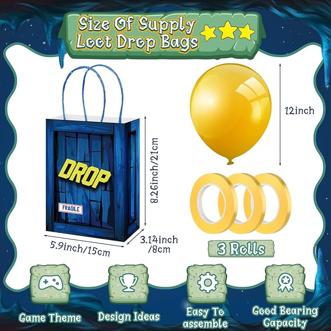 24 Set Game Party Military Supply Loot Drop Box Party Favors Yellow Balloon Ribbon Battle Gifts Bags for Gamers Boys Birthday Graduation Decoration