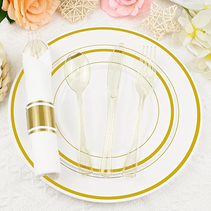 100 Pack Pre Rolled Gold Glitter Plastic Silverware Set, Heavy Duty Disposable Cutlery with 100 Forks, 100 Knives, 100 Spoons and Napkins, Wrapped Utensils for Parties Weddings Events