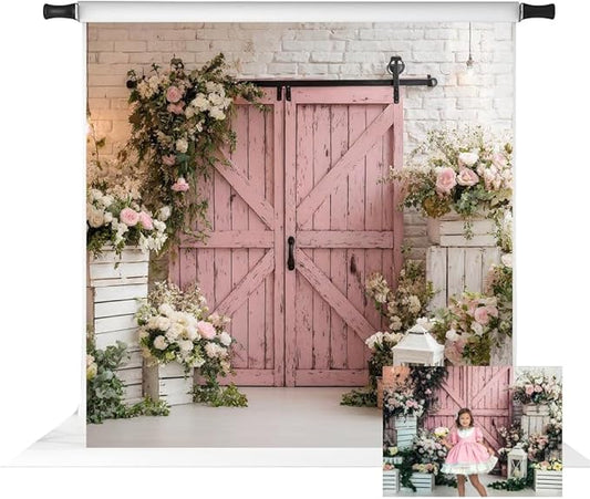 Kate Spring Backdrops Pink Barn Door Photography Backdrop Flowers Children Birthday Party Decorations, 10x10ft