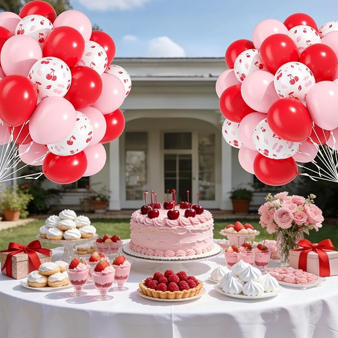 Cherry Balloons, 60pcs 12inch Pink and Red Balloons with White Print Balloon for Baby Shower Birthday Party Decorations